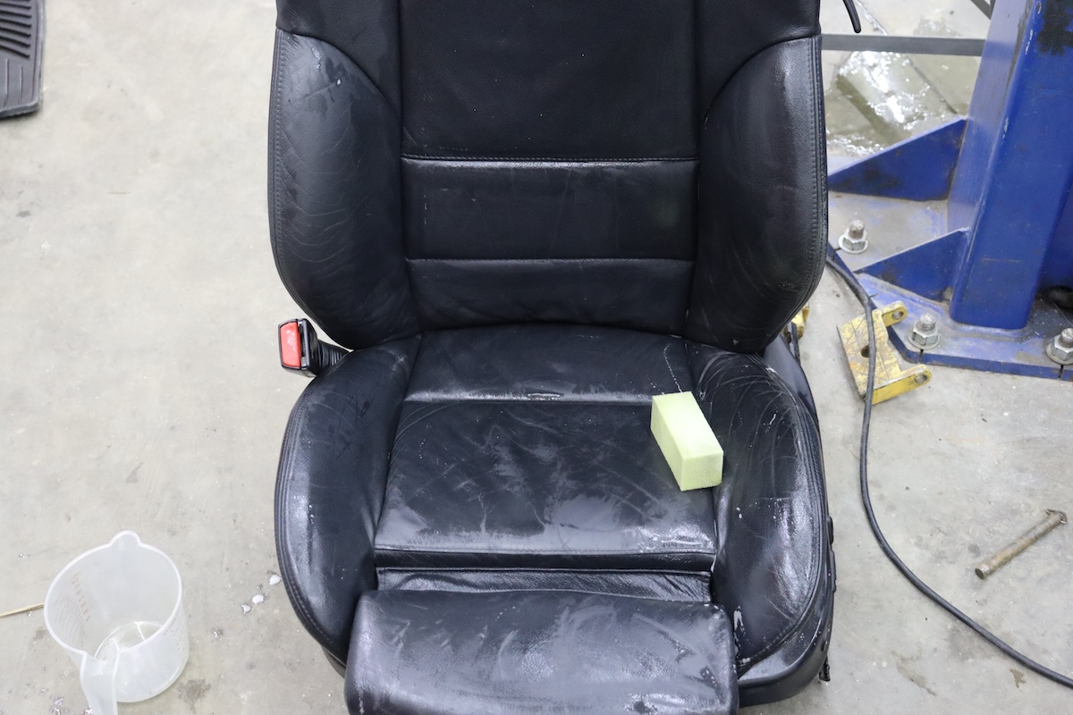 Close-up of leather cleaner at work