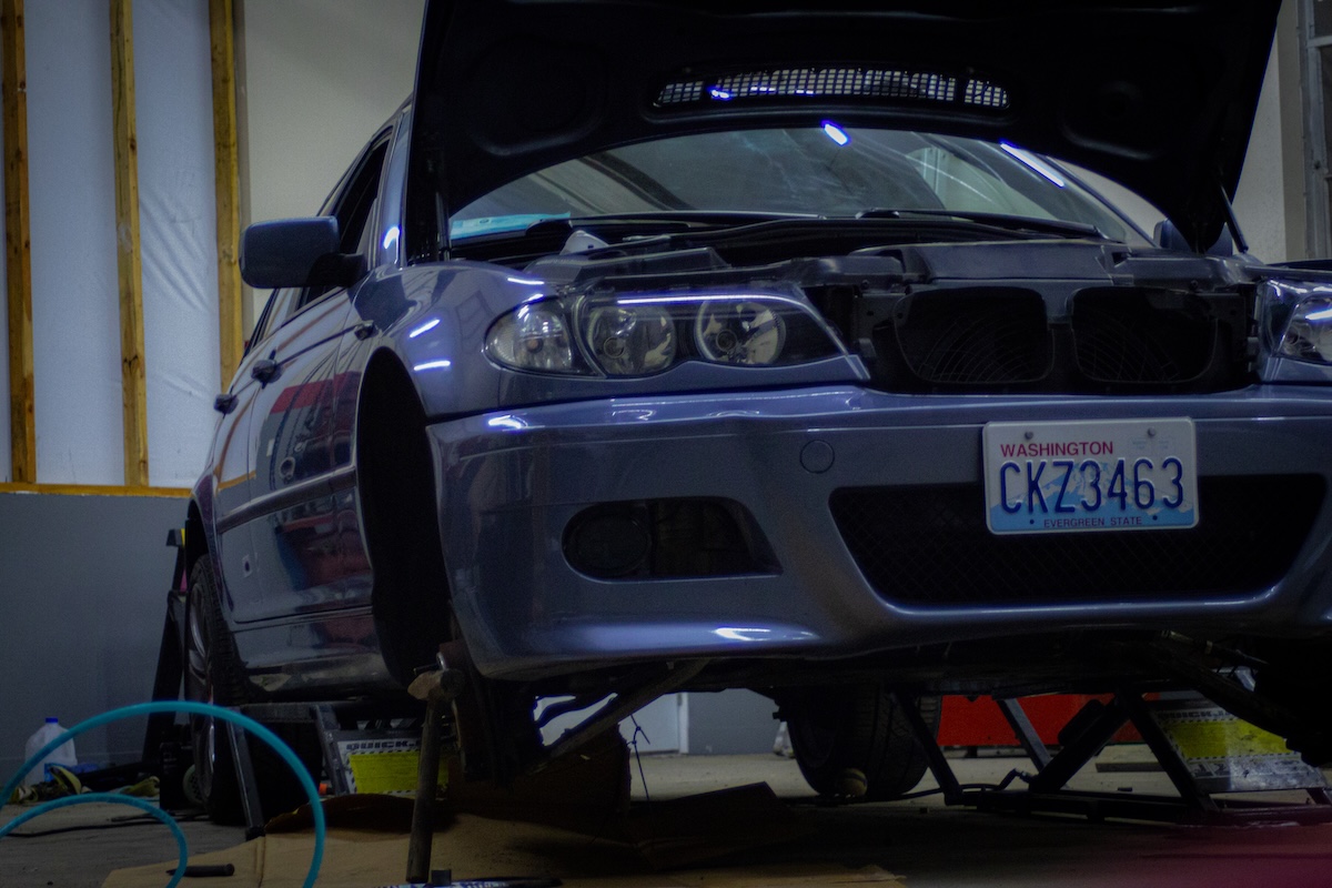E46 raised and resting on stands